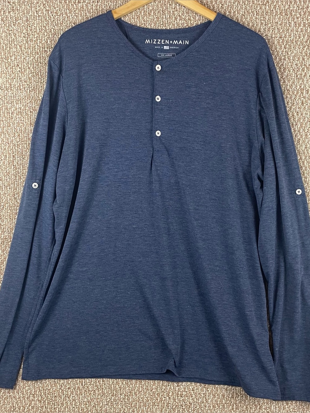 Mizzen Main Shirt Men XXL Blue Pullover Henley Stretch Knit Roll Tab T123